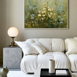 Vintage Wildflower Meadow Textured Impasto Wall Art, Soft Green Beige White Rustic Floral Landscape Painting, Nature Inspired Framed Artwork for Living Room Bedroom Dining Room Hallway Office