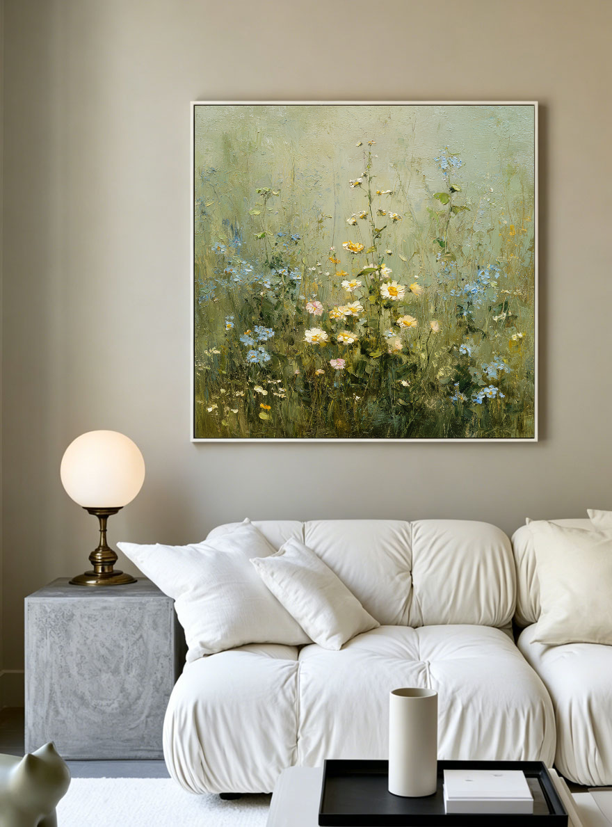 Vintage Wildflower Meadow Textured Impasto Wall Art, Soft Green Beige White Rustic Floral Landscape Painting, Nature Inspired Framed Artwork for Living Room Bedroom Dining Room Hallway Office