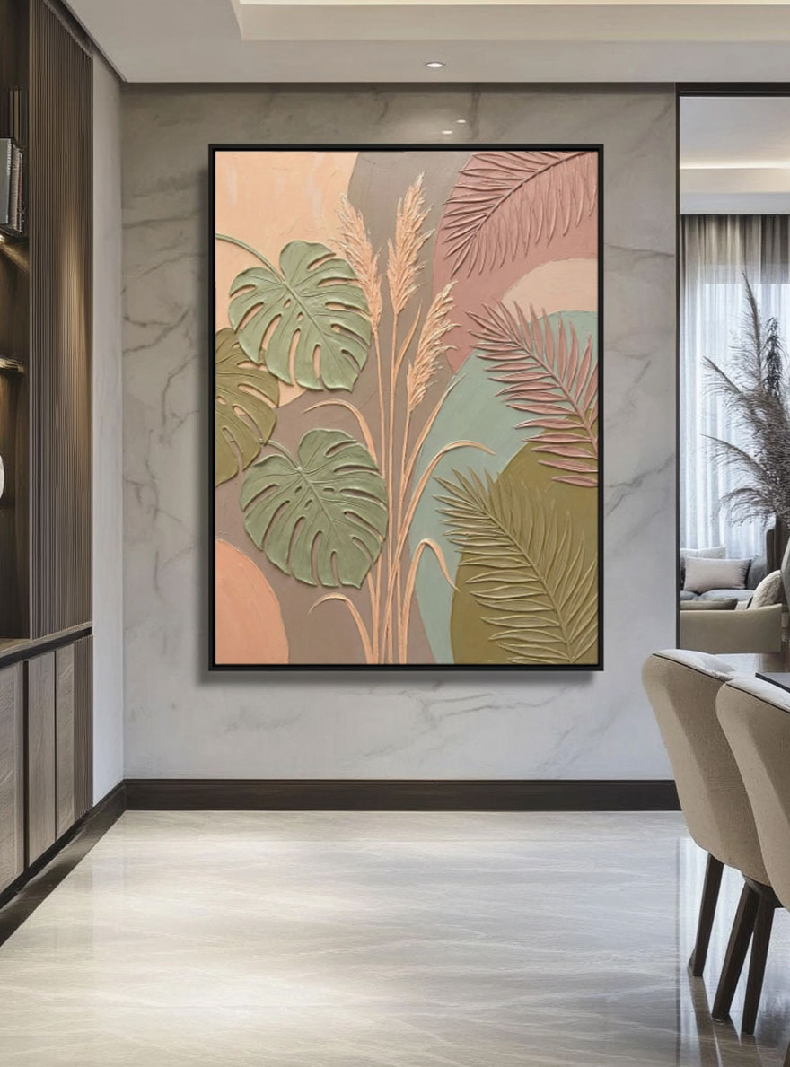 Bohemian Tropical Monstera Palm Leaves Pampas Grass Textured Abstract Floral Wall Art for Living Room Bedroom Dining Room Office Home Decor