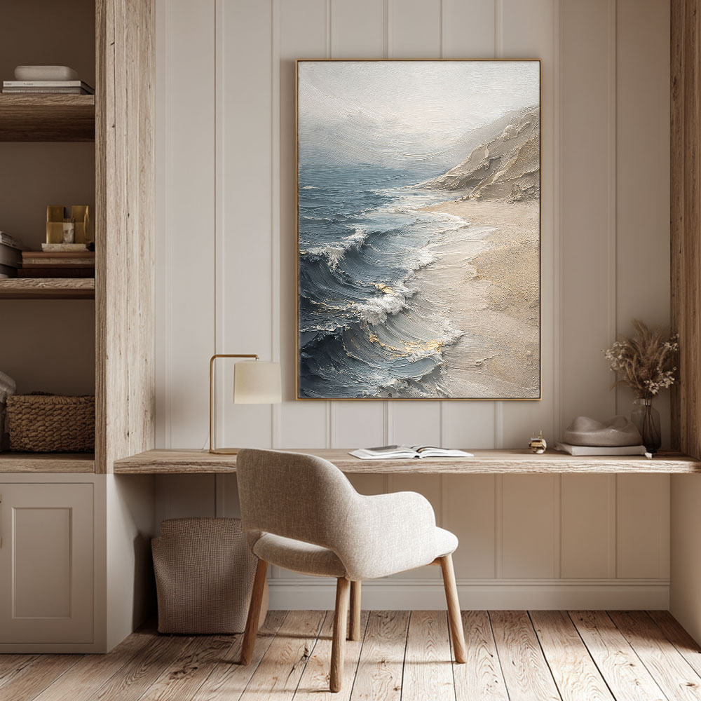 Textured Blue Beige White Coastal Beach Ocean And Sky Impasto Wall Art Abstract Neutral Decorative Artwork Modern Minimalist Landscape Painting For Living Room Bedroom Office Dining Room