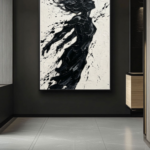 Black and White Textured Impasto Female Silhouette Portrait Canvas Wall Art, Bold Dynamic Black Paint Splatter & Thick Knife/Brush Strokes on Off White Background, High Contrast Modern Artwork for Home & Office Spaces