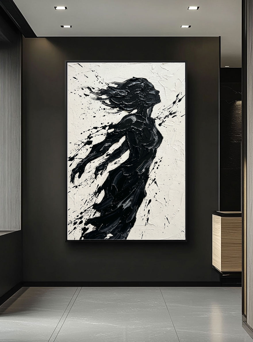 Black and White Textured Impasto Female Silhouette Portrait Canvas Wall Art, Bold Dynamic Black Paint Splatter & Thick Knife/Brush Strokes on Off White Background, High Contrast Modern Artwork for Home & Office Spaces