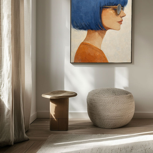 Modern Portrait Woman with Blue Bob Hair Gold Sunglasses Framed Wall Art, Retro Chic Minimalist Female Profile Painting for Home Decor, Vibrant Blue Brown Beige White Artwork
