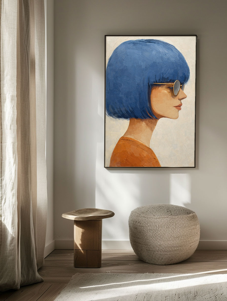 Modern Portrait Woman with Blue Bob Hair Gold Sunglasses Framed Wall Art, Retro Chic Minimalist Female Profile Painting for Home Decor, Vibrant Blue Brown Beige White Artwork