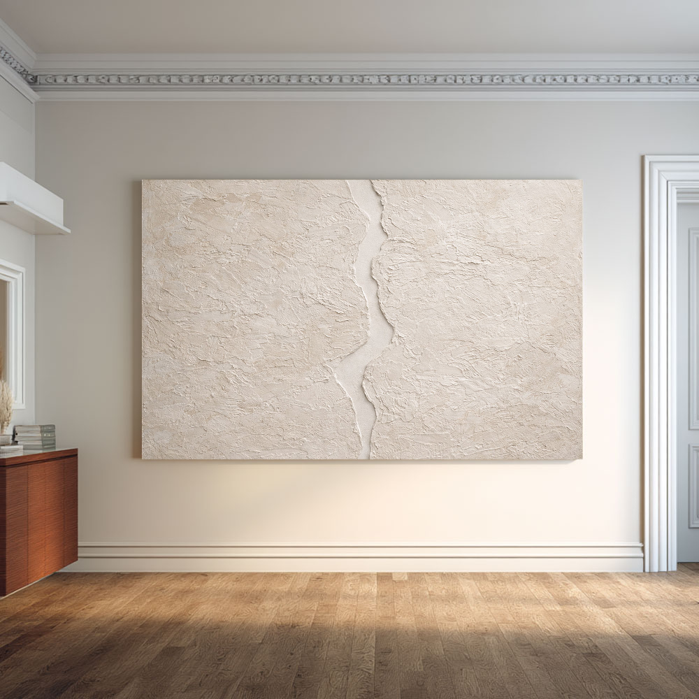 Minimalist Neutral Beige Abstract Textured Wall Art Handcrafted Plaster-Like Trowel Marks Asymmetrical Fissure Modern Wabi-Sabi-Inspired Canvas Decor for Living Room Bedroom Dining Room Hallway Office Soft Earthy Tones Calming Artwork