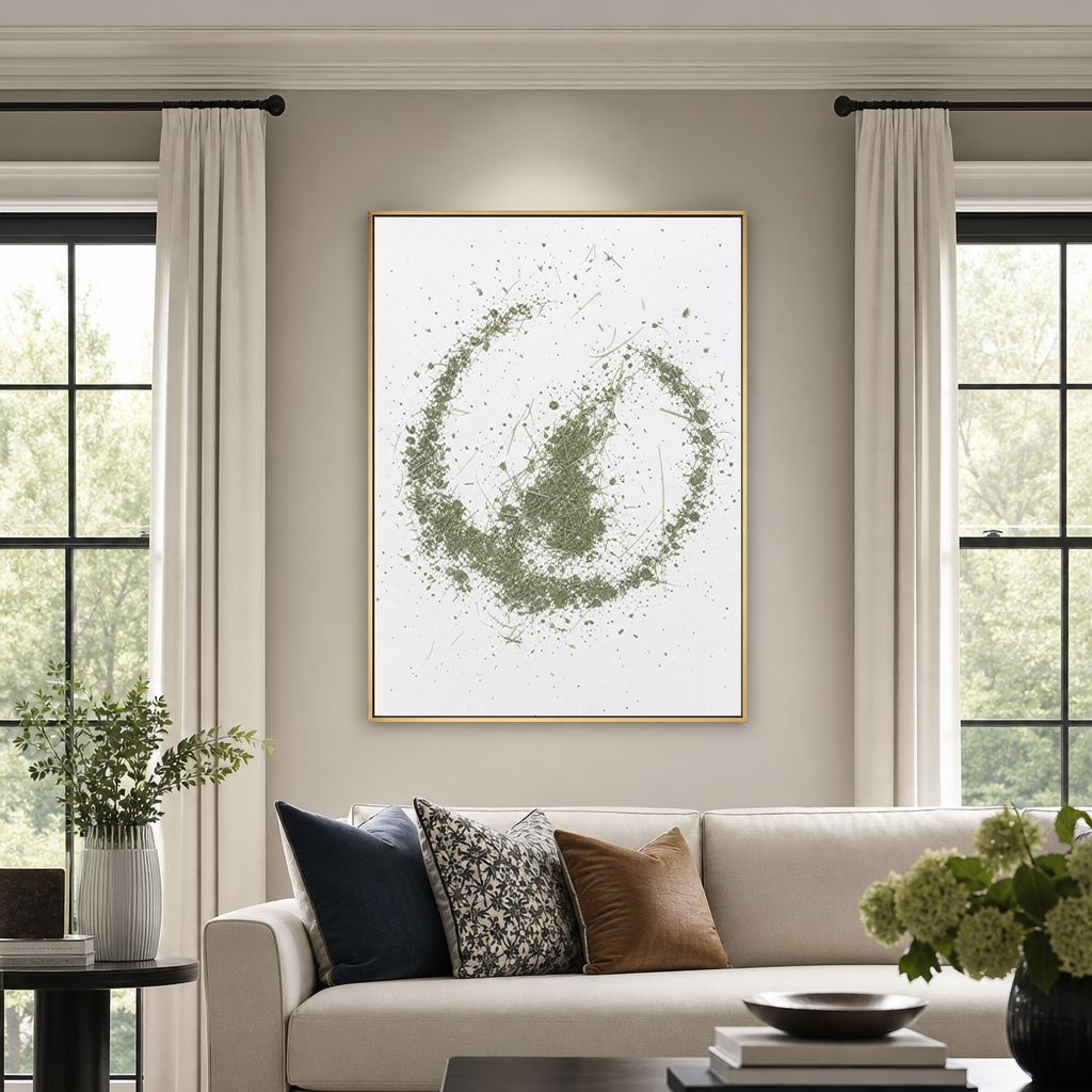 Abstract Minimalist Green and White Textured Vertical Wall Art for Living Room