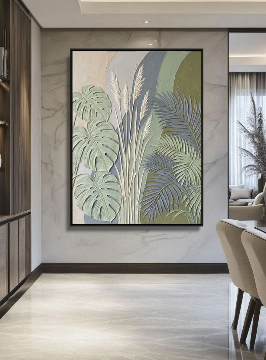 Elegant Tropical Botanical Textured 3D Relief Wall Art Featuring Monstera Palm Fronds Pampas Grass Muted Sage Olive Green Beige Medium Grey Curved Background Living Room Bedroom Dining Hallway Office Modern Nature Inspired Decor Piece