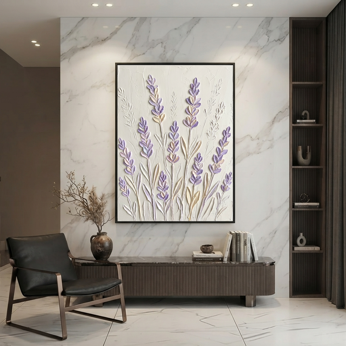 Textured Lavender Flower Vertical Wall Art, Soft Purple Beige off White Acrylic-style 3D Relief, Bedroom Living Room Decor