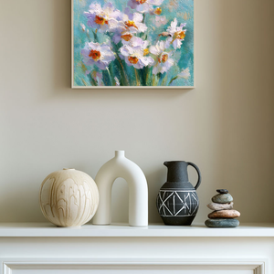 White Daffodils Flower Impasto Oil Painting on Canvas, Turquoise Blue Background Textured Floral Wall Art, Modern Living Room Bedroom Home Decor