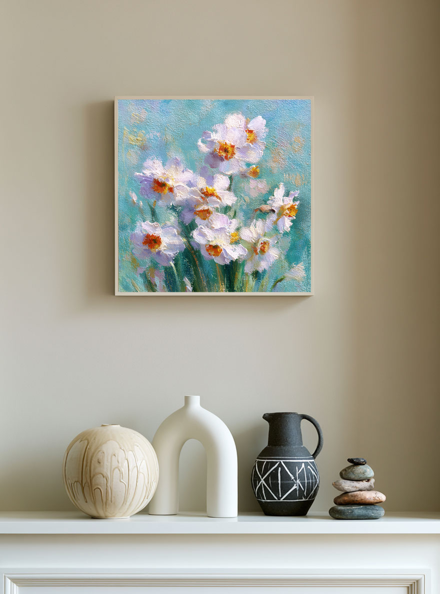 White Daffodils Flower Impasto Oil Painting on Canvas, Turquoise Blue Background Textured Floral Wall Art, Modern Living Room Bedroom Home Decor