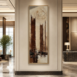 Tall Narrow Abstract Urban Landscape Impasto Wall Art Textured Brown Beige Black White Vertical Framed Artwork for Modern Living Room Office Hallway Bedroom Dining Room