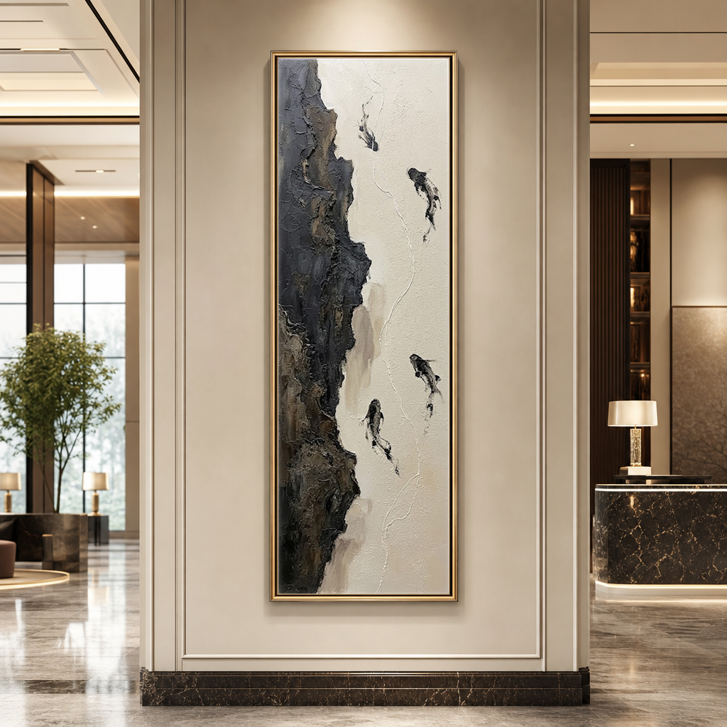 Abstract Black White Brown Beige Koi Fish Impasto Textured Vertical Wall Art Minimalist Nature-Inspired Framed Canvas, Perfect for Modern Home Office Living Room Bedroom Hallway Dining Room Decor