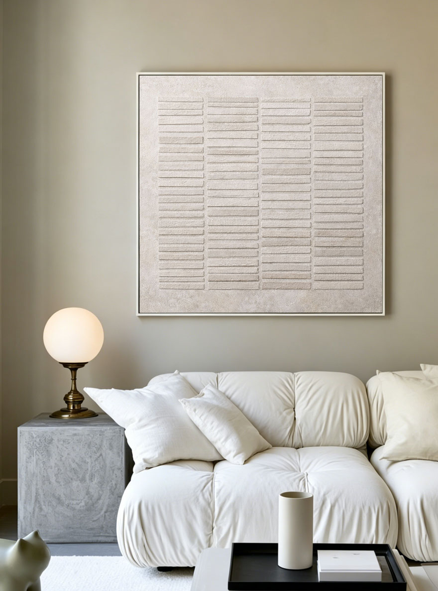 Minimalist Beige Light Grey Geometric Lines Relief Textured Plaster Abstract Wall Art Modern Neutral Decor for Home Office Living Room Bedroom Dining Room Hallway
