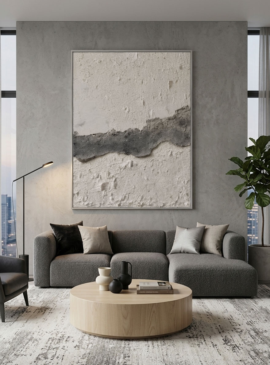 Minimalist Asymmetrical Textured Plaster Wall Art, Wabi Sabi Inspired Neutral Grey White Stucco Relief for Modern Interiors, Monochrome Abstract Office Hallway Bedroom Dining Living Room Decor