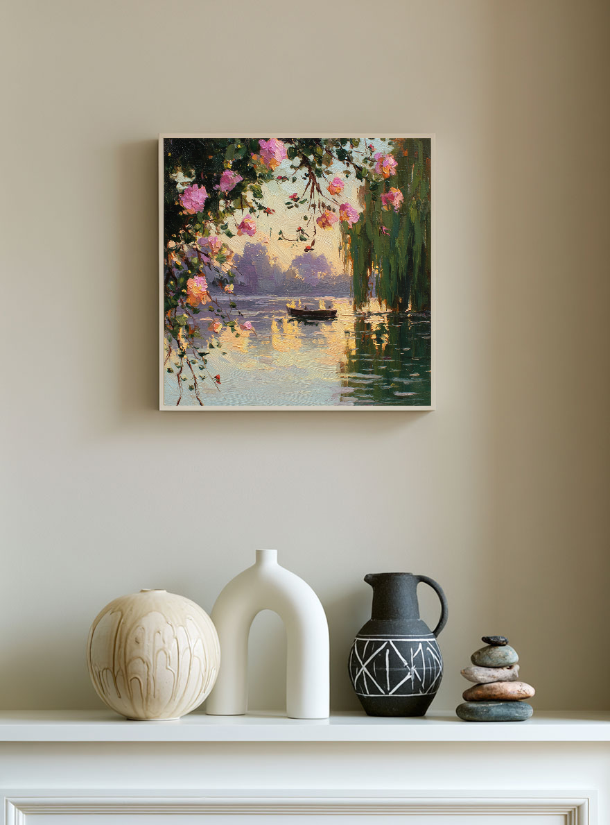 Textured Floral Wall Art | Impressionist Sunset Lake Hand-Painted Canvas