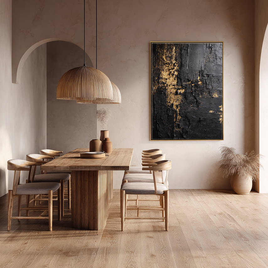 Modern Black and Gold Abstract Textured Wall Art, Thick Impasto Dark Luxury Canvas Painting, Heavy Knife Marks Bold Gold Accent Details Monochrome Rich Tone Artwork for Living Room Bedroom Office Dining Room Hallway