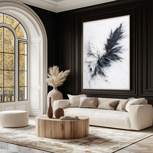 Black White Dark Grey Light Grey Impasto Textured Abstract Floral Leaf Wall Art for Living Room Office Bedroom Dining Room Hallway, Thick Knife Brush Paint Stacking, Modern Minimalist Contrast Monochrome Home Decor
