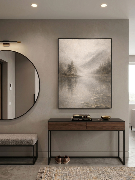 Vintage Misty Forest Lake Landscape Wall Art Muted Neutral Nature Scene Canvas Print Framed Soft Textured Artwork for Living Room Bedroom Office Dining Room Hallway Calming Serene Decor