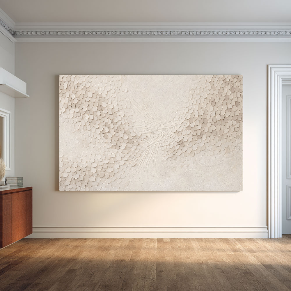 Minimalist Soft Beige & White Abstract Wall Art with Subtle Textured Scale-Like and Feather-Inspired Relief, Modern Neutral Decor Piece for Elegant Contemporary Home and Office Spaces, Enhancing Serene Atmosphere