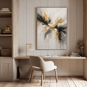 Modern Abstract Impasto Wall Art Gold Black White Medium Grey Splash Thick Knife Paint Textured Canvas Artwork Elegant Contemporary Decor for Living Room Bedroom Office Dining Room Hallway