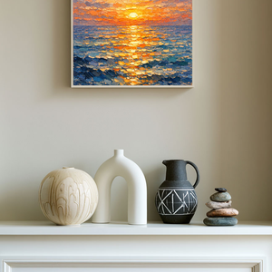 Impasto Ocean Sunset Wall Art Thick Knife Paint Textured Blue Orange Yellow Coastal Nature Artwork Sunset Reflection Sea Wave Vibrant Framed Canvas Painting for Living Room Bedroom Dining Room Office Hallway Home Decor