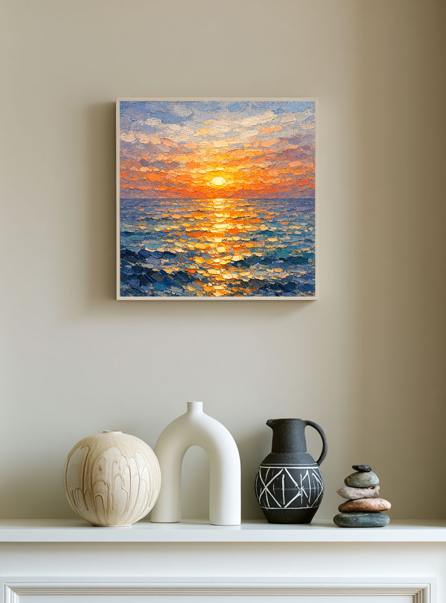 Impasto Ocean Sunset Wall Art Thick Knife Paint Textured Blue Orange Yellow Coastal Nature Artwork Sunset Reflection Sea Wave Vibrant Framed Canvas Painting for Living Room Bedroom Dining Room Office Hallway Home Decor