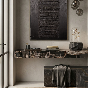 Minimalist Dark Abstract Geometric Textured Wall Art - Modern Monochrome Impasto Black Grey Vertical Line Artwork for Contemporary Living Room Office Bedroom Decor