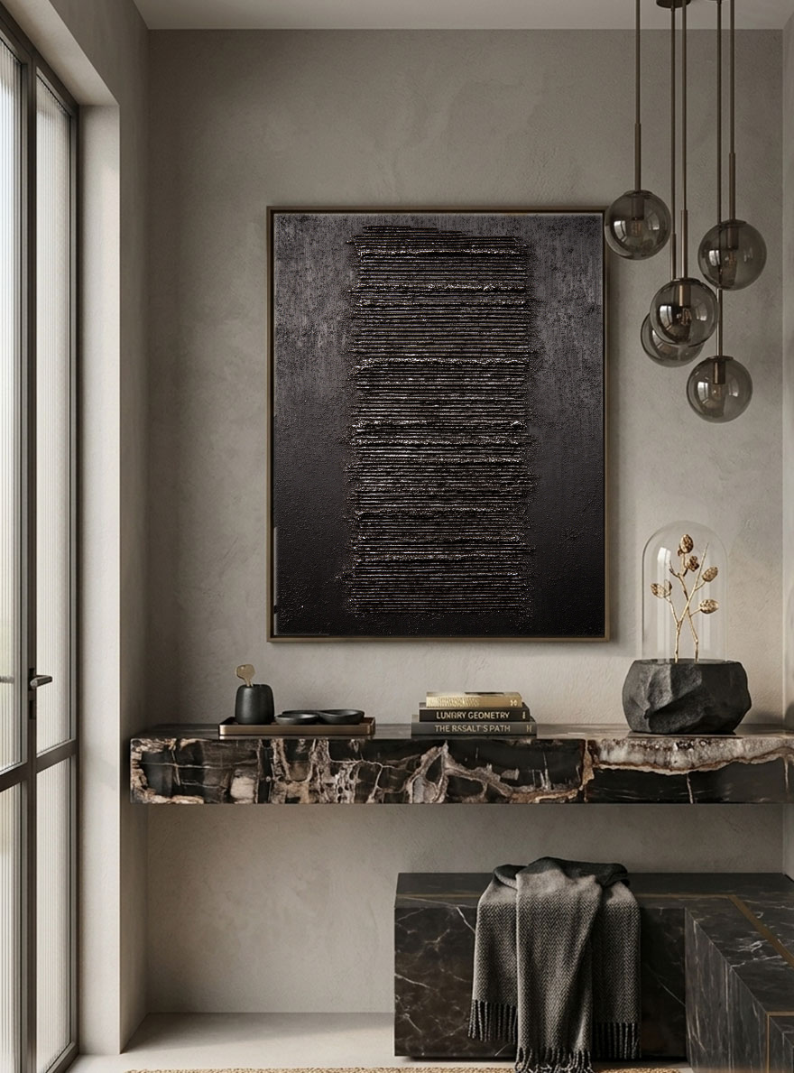 Minimalist Dark Abstract Geometric Textured Wall Art - Modern Monochrome Impasto Black Grey Vertical Line Artwork for Contemporary Living Room Office Bedroom Decor