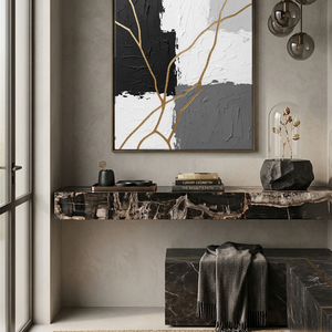 Black White Grey Gold Abstract Textured Impasto Wall Art Bold Contrast Thick Knife Brush Marks Modern Minimalist Painting Contemporary Home Office Living Room Bedroom Hallway Dining Room Decor