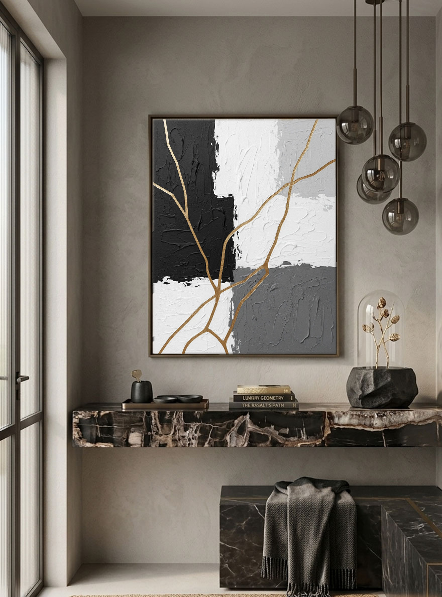 Black White Grey Gold Abstract Textured Impasto Wall Art Bold Contrast Thick Knife Brush Marks Modern Minimalist Painting Contemporary Home Office Living Room Bedroom Hallway Dining Room Decor