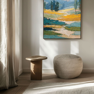 Thick Impasto Textured Landscape Wall Art – Warm Yellow Fields, Serene Blue Mountains & Water, Lush Green Trees, Soft Beige Sky – Elevate Modern Home Décor, Perfect for Living Room, Bedroom, Office, Dining Room, Hallway Ambiance