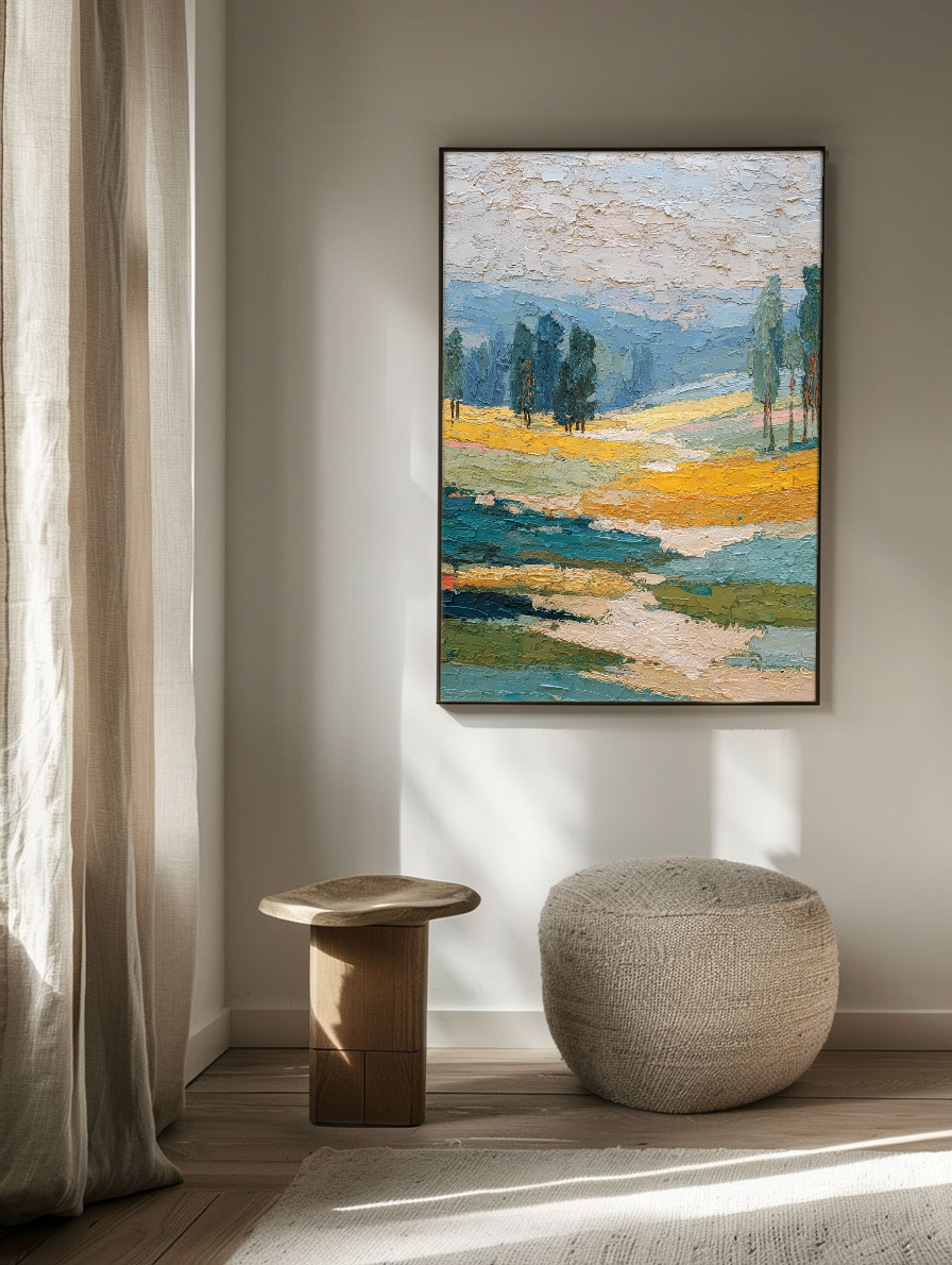 Thick Impasto Textured Landscape Wall Art – Warm Yellow Fields, Serene Blue Mountains & Water, Lush Green Trees, Soft Beige Sky – Elevate Modern Home Décor, Perfect for Living Room, Bedroom, Office, Dining Room, Hallway Ambiance