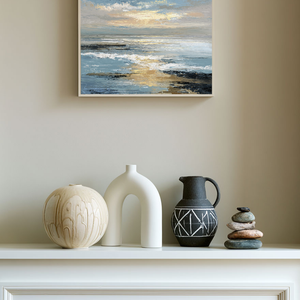 Textured Impasto Coastal Sunset Blue Gold Black White Wall Art Framed Abstract Ocean Sky Seascape for Living Room Bedroom Dining Room Office Hallway Modern Home Decor