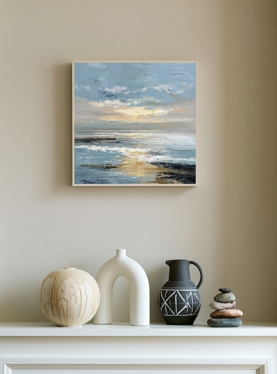 Textured Impasto Coastal Sunset Blue Gold Black White Wall Art Framed Abstract Ocean Sky Seascape for Living Room Bedroom Dining Room Office Hallway Modern Home Decor