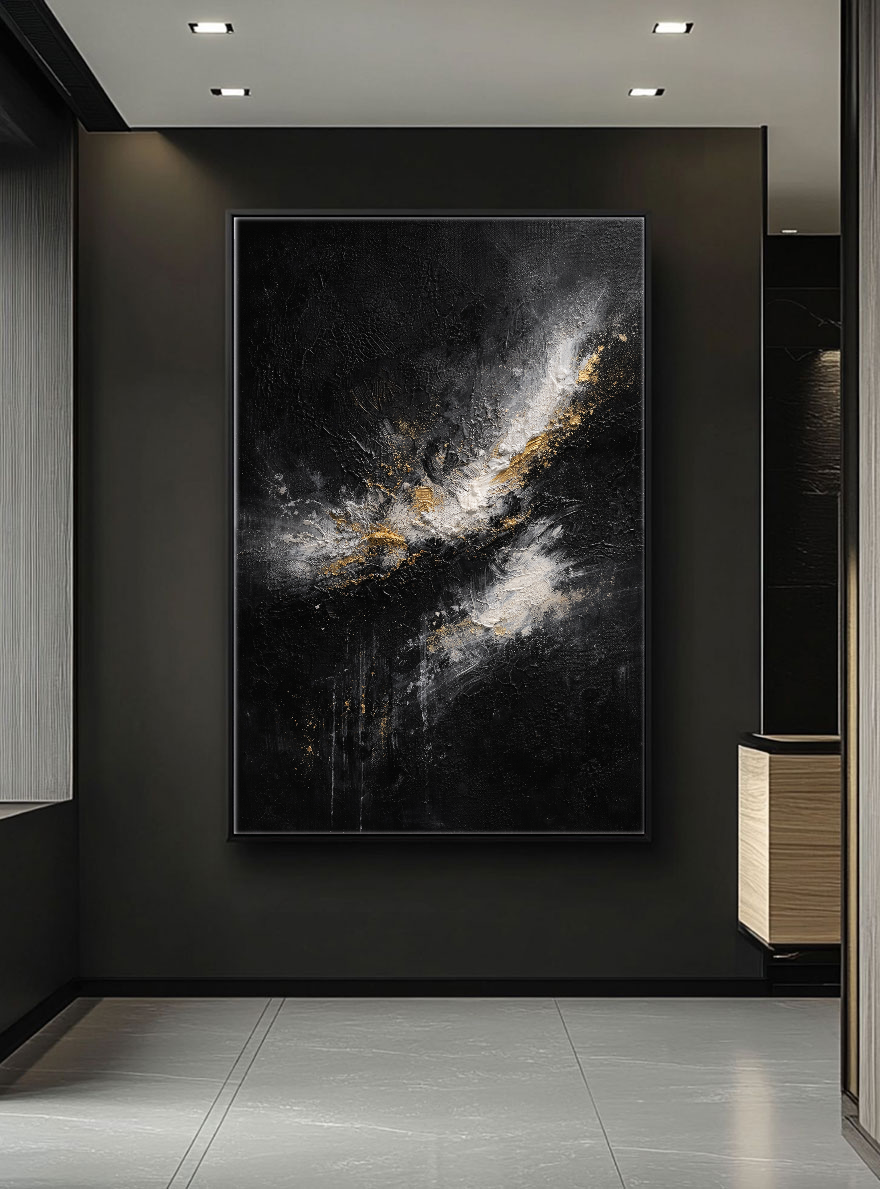 Black Gold White Abstract Textured Impasto Wall Art Modern Minimalist Decorative Painting with Thick Knife Brush Strokes for Contemporary Home Living Room Bedroom Office Hallway Dining Room