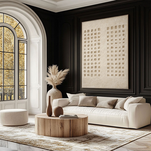 Minimalist Neutral Asymmetrical Geometric Relief Wabi Sabi Plaster Wall Art, Beige Base with Soft Muted Light Medium Grey Imperfect Circles Squares Blocks, Modern Subtle Textured Abstract Decor for Calm Spaces
