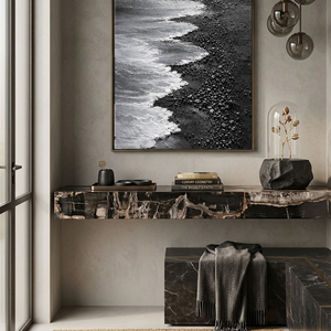 Black and White Coastal Beach Ocean Waves Crashing on Dark Pebble Shore Textured Minimalist Modern Landscape Framed Wall Art for Home Office Decor