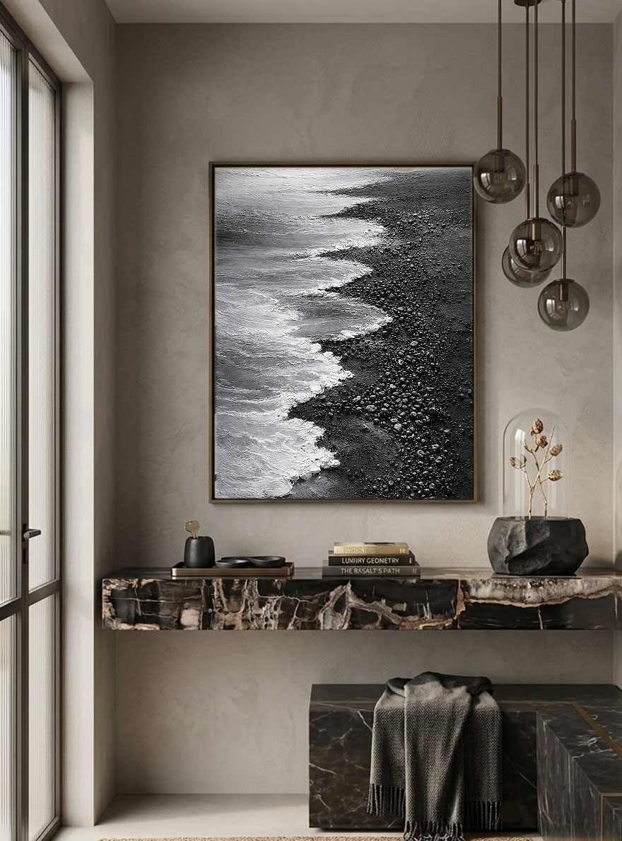 Black and White Coastal Beach Ocean Waves Crashing on Dark Pebble Shore Textured Minimalist Modern Landscape Framed Wall Art for Home Office Decor