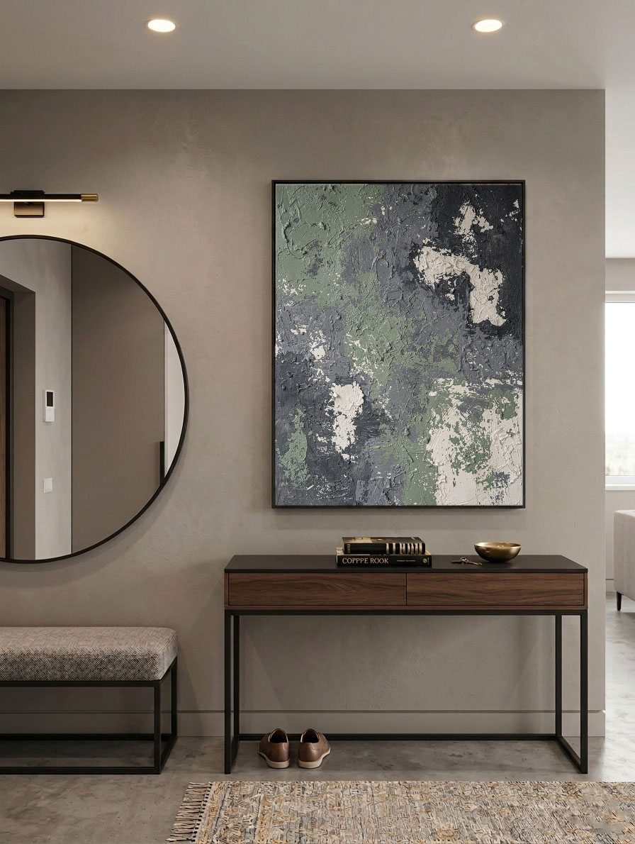 Abstract Textured Dark Green, Medium Grey, White & Beige Thick Impasto Wall Art Modern Muted Non-Representational Decor for Contemporary Home Office Hallway Dining Bedroom Living Room Spaces