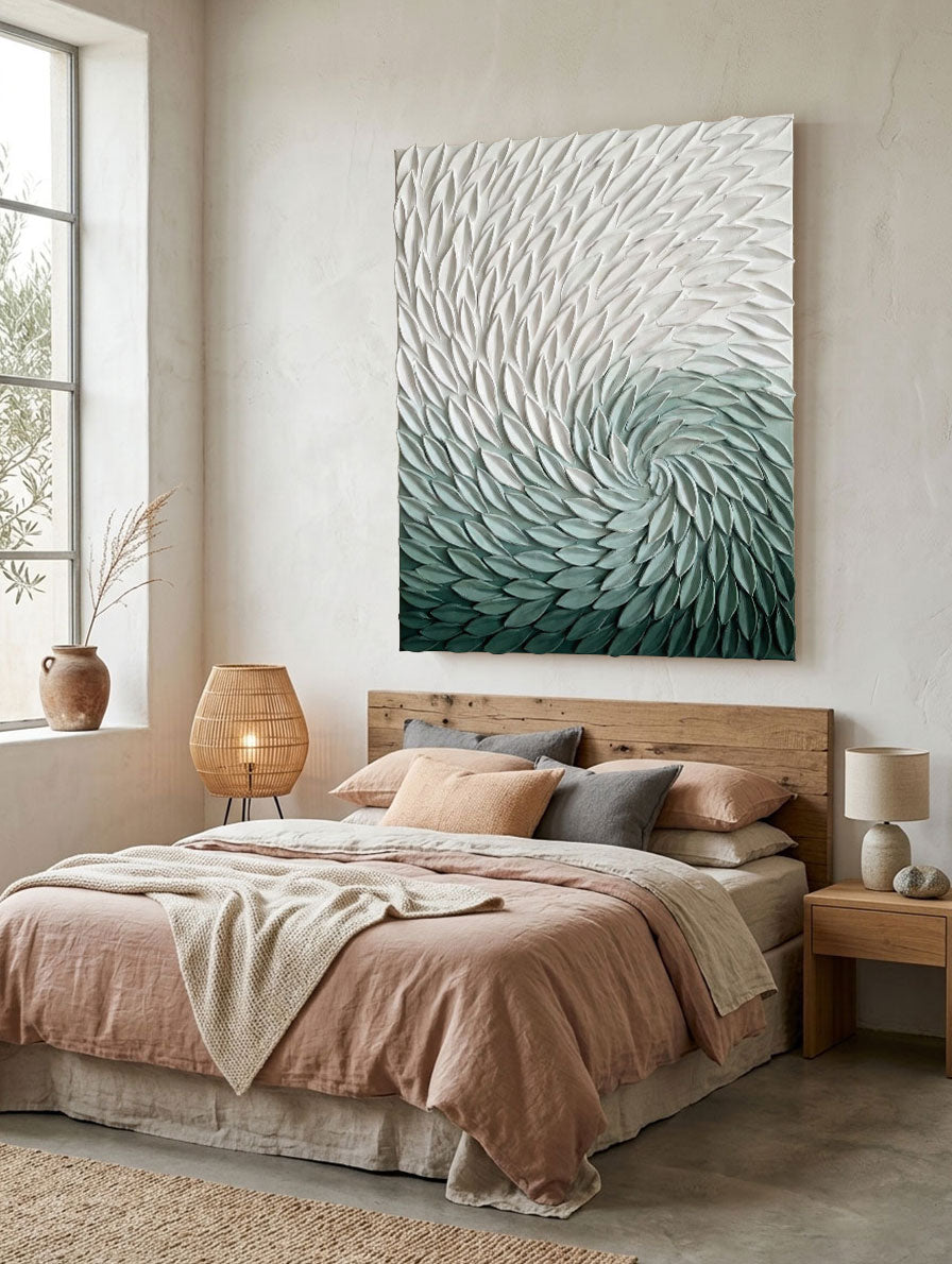 3D Green White Spiral Abstract Textured Wall Art Modern Minimalist Thick Relief Plume Leaf-like Decor for Home Office Dining Bedroom Living Room Hallway Large Canvas Unframed Contemporary Artwork