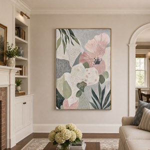 Serene Blush Bloom Abstract Impasto Painting in living room