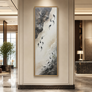 Minimalist Textured Koi Fish Vertical Framed Wall Art, Neutral Black White Beige Dark Grey Swimming Fish Nature Inspired Artwork for Modern Home Decor