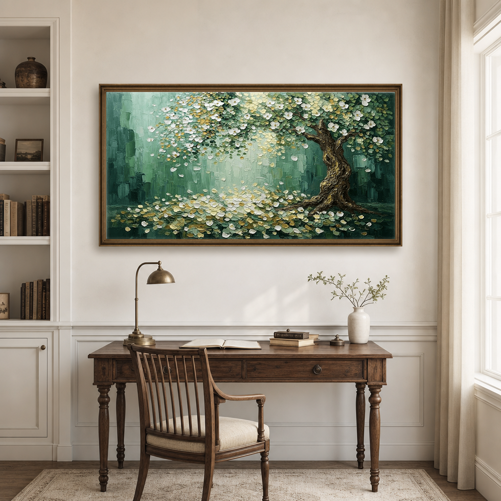 Thick Impasto Textured Flowering Tree Wall Art with Gold Accents, Nature-Inspired Green White Brown Palette Painting for Modern Home Decor, Bedroom Living Room Office Dining Hallway Mural, Canvas Artwork with Rustic Aged Details
