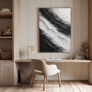 Black and White Abstract Diagonal Wave Textured Impasto Wall Art, Modern Monochrome Contrast Thick Knife Brush Stacked Painting, Minimalist Contemporary Handcrafted Decor for Interior Spaces