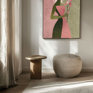 Abstract Minimalist Female Portrait Silhouette with Soft Pink Muted Green Tones, Holding Delicate Heart-Shaped Flower Stems Textured Canvas Print Wall Decor for Modern Home Office Styling