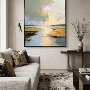 Abstract Landscape Textured Impasto Wall Art, Soft Beige Green Blue White Canvas Painting, Large Calm Nature Scenery Artwork for Living Room Bedroom Office, Modern Minimalist Home Decor Framed or Unframed