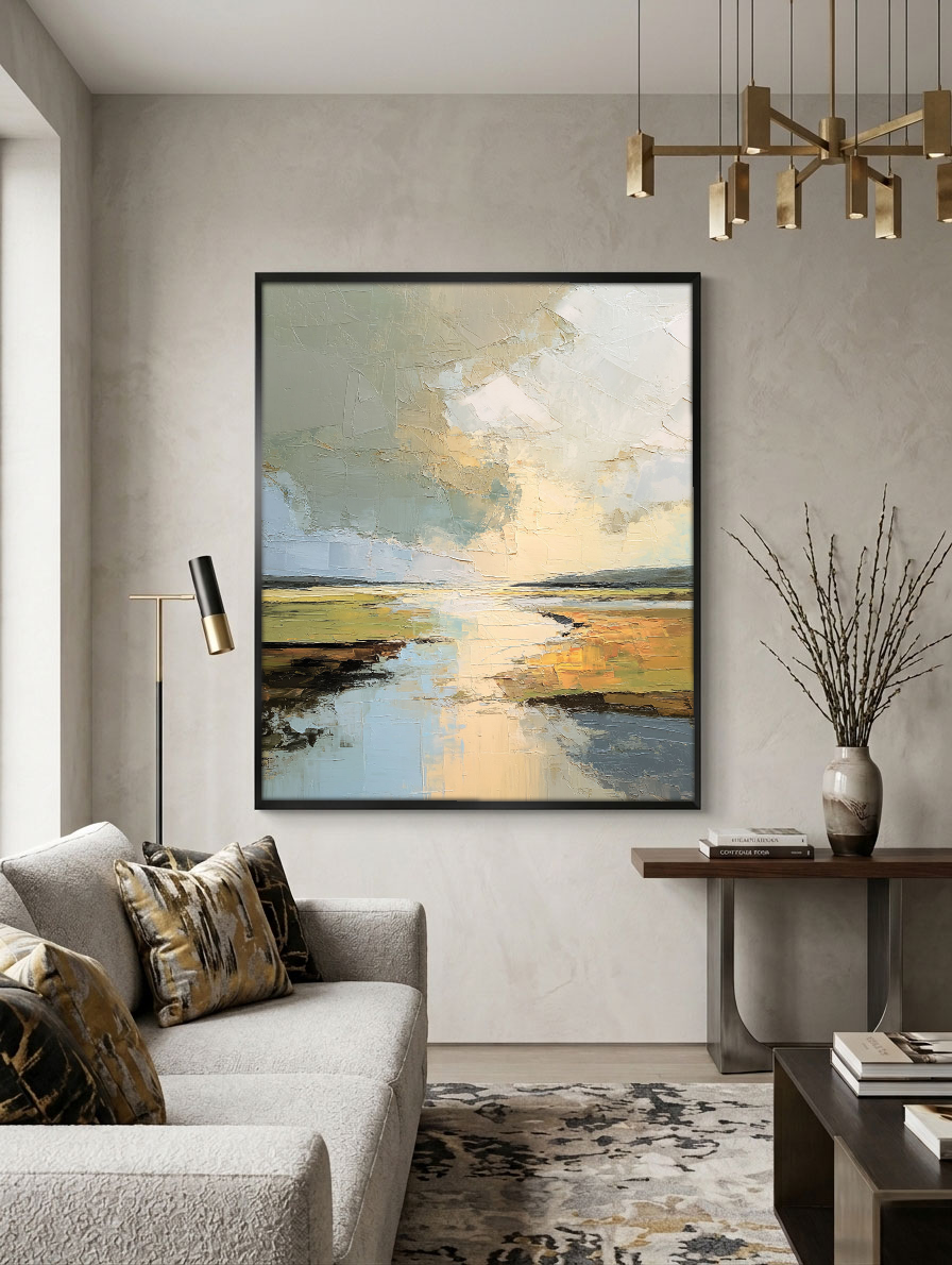 Abstract Landscape Textured Impasto Wall Art, Soft Beige Green Blue White Canvas Painting, Large Calm Nature Scenery Artwork for Living Room Bedroom Office, Modern Minimalist Home Decor Framed or Unframed