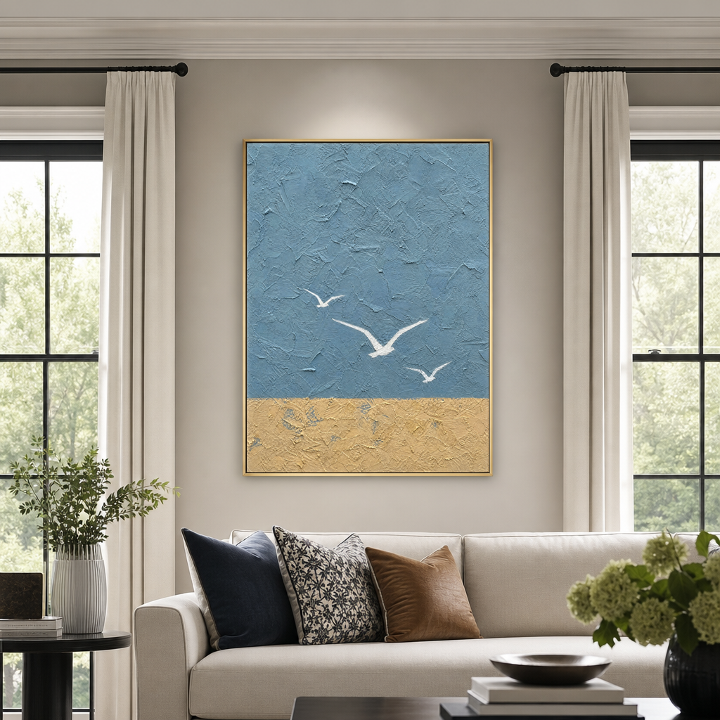 Abstract Blue Beige Vertical Textured Acrylic-Style Ocean And Sky Wall Art For Living Room