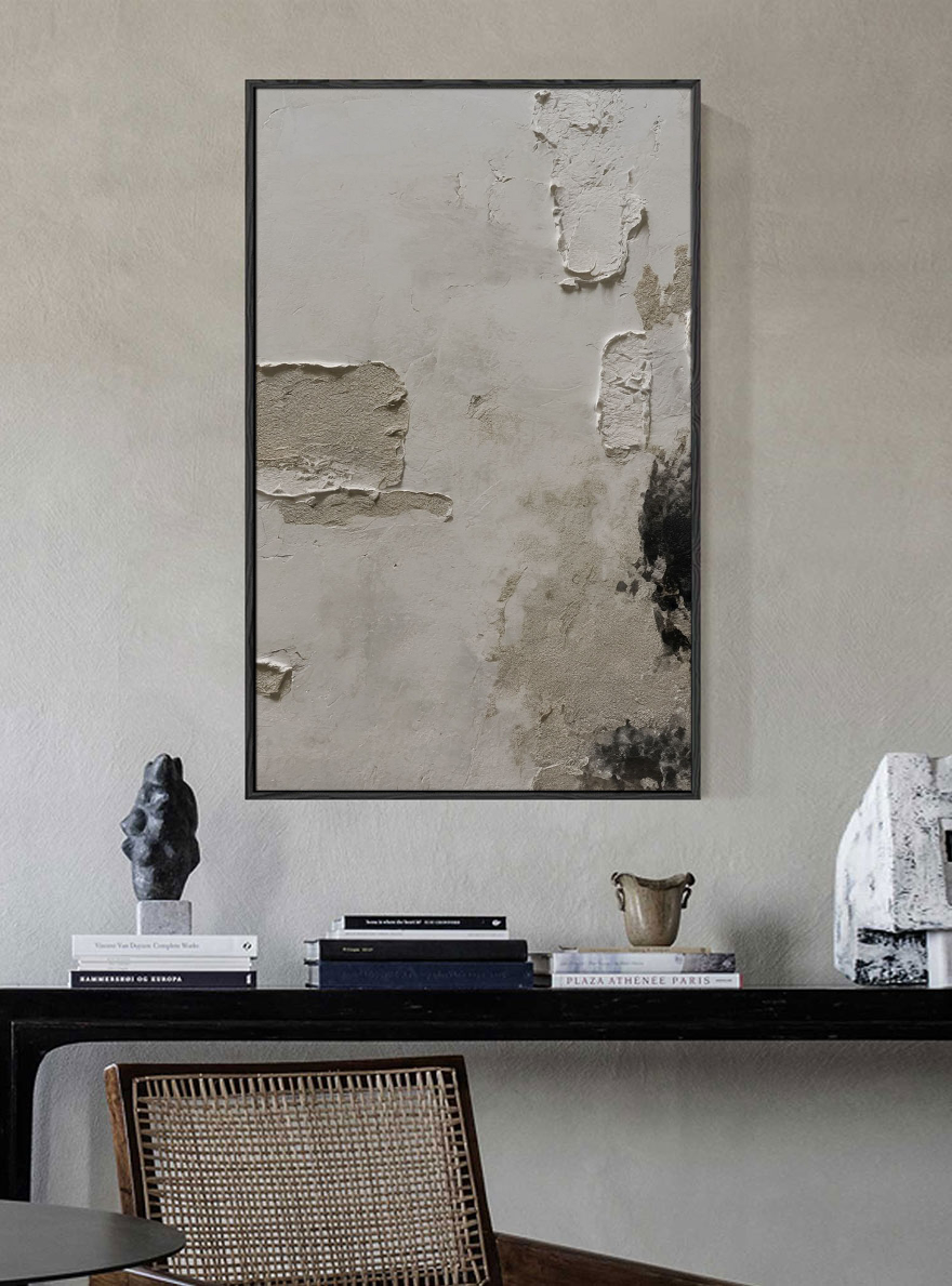 Minimalist Asymmetrical Wabi Sabi Abstract Textured Plaster Wall Art, Neutral Beige Black Dark Medium Grey Real Pigment Tones, Aged Worn Imperfect Texture, Modern Contemporary Boho Home Decor for Living Room Bedroom Office Dining Room Hallway