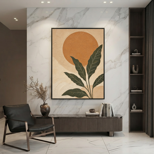 Boho Botanical Wall Art Minimalist Nature-Inspired Leaf Sun Landscape Modern Framed Canvas Painting, Thick Textured Earthy Green Brown Beige Artwork for Living Room Bedroom Office Dining Room Hallway